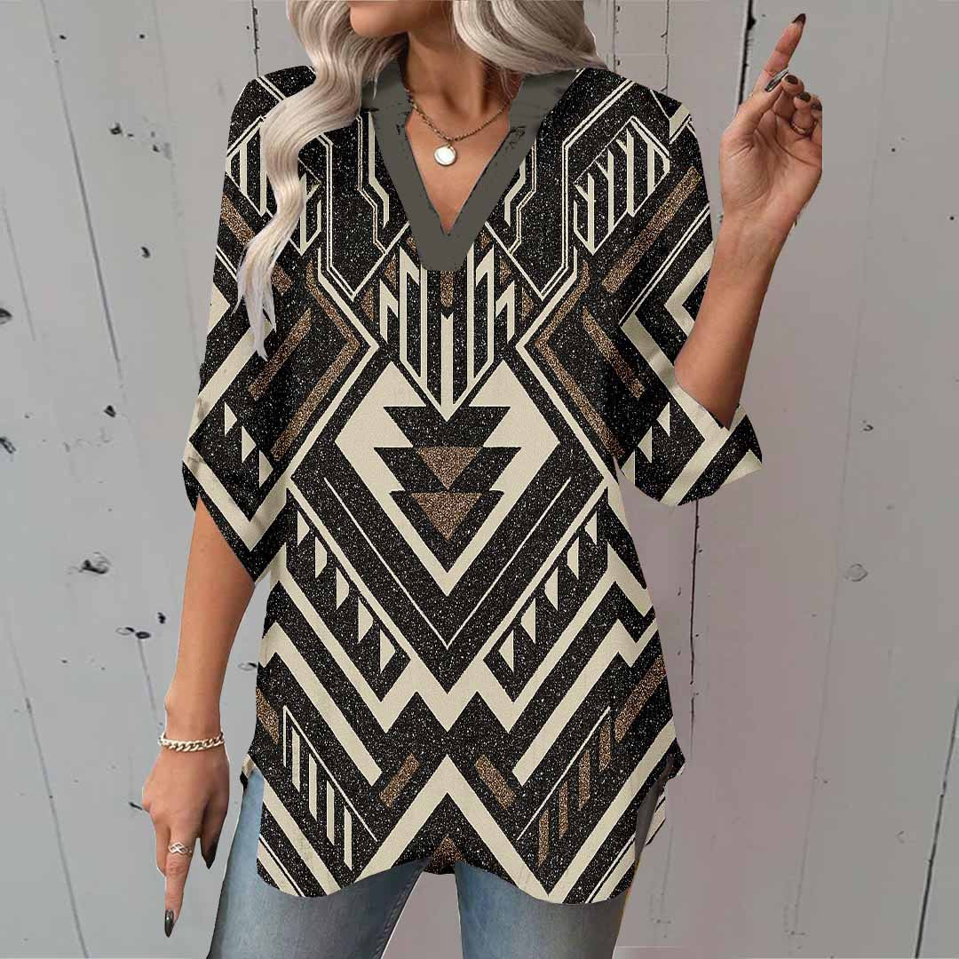 Women Western,  Black,  Geometric DZGA0421 3/4 Sleeve V-neck Printed Graphic Button Tops