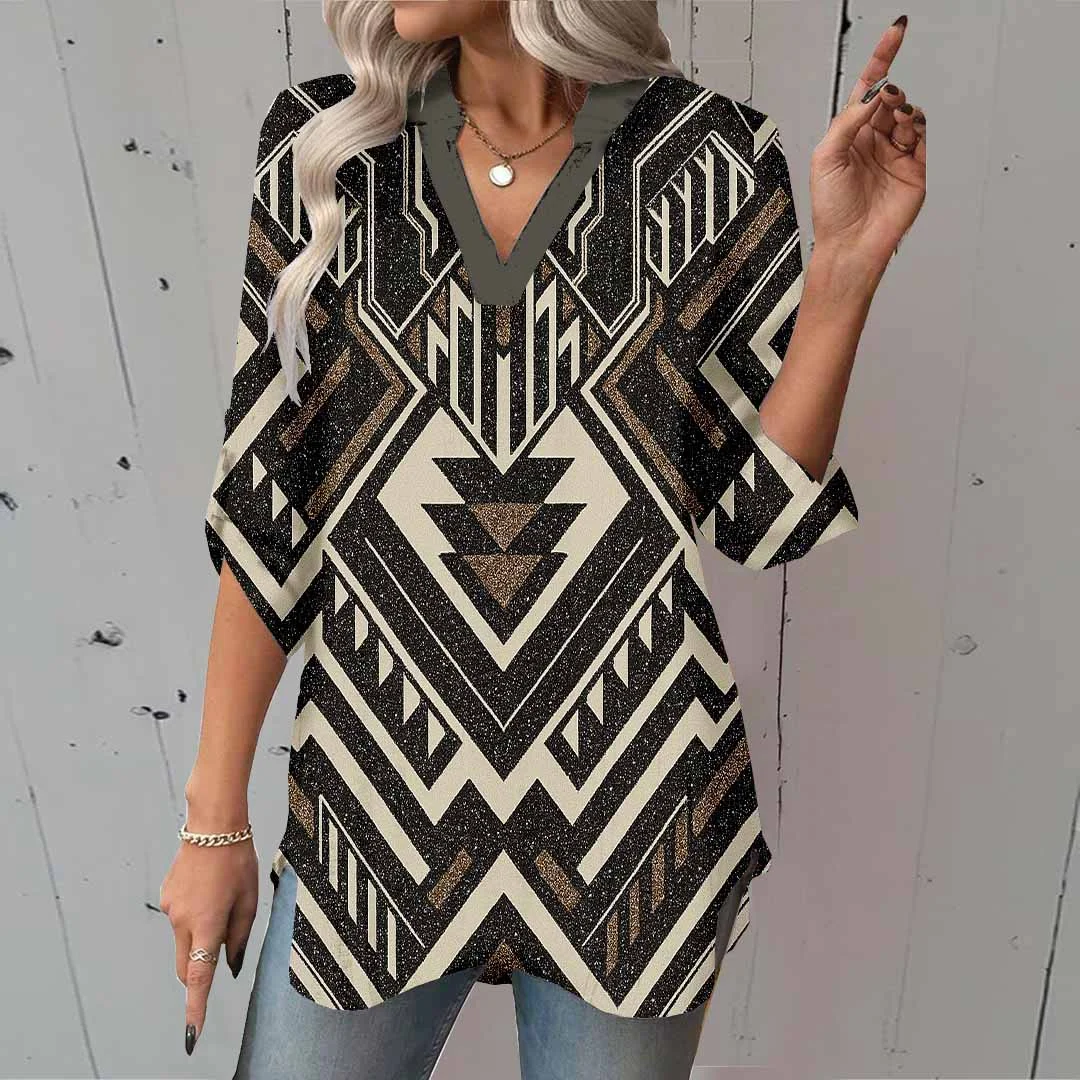 Women Western,  Black,  Geometric DZGA0421 3/4 Sleeve V-neck Printed Graphic Button Tops