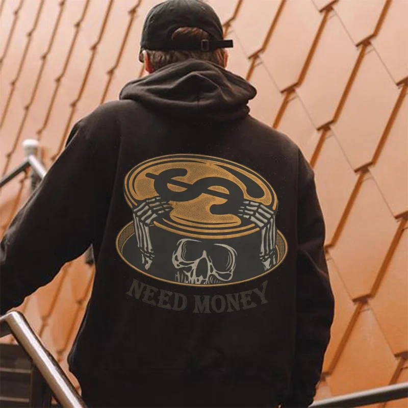 Need Money Skull Printed Casual Men's Hoodie -  UPRANDY