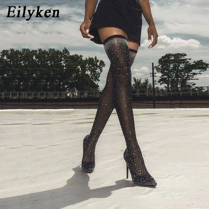 Eilyken New Design Fashion Pointed Toe Bling Over Knee Boots Crystal Long Sock Women Boots High Heel club Sock Boots size 35-43