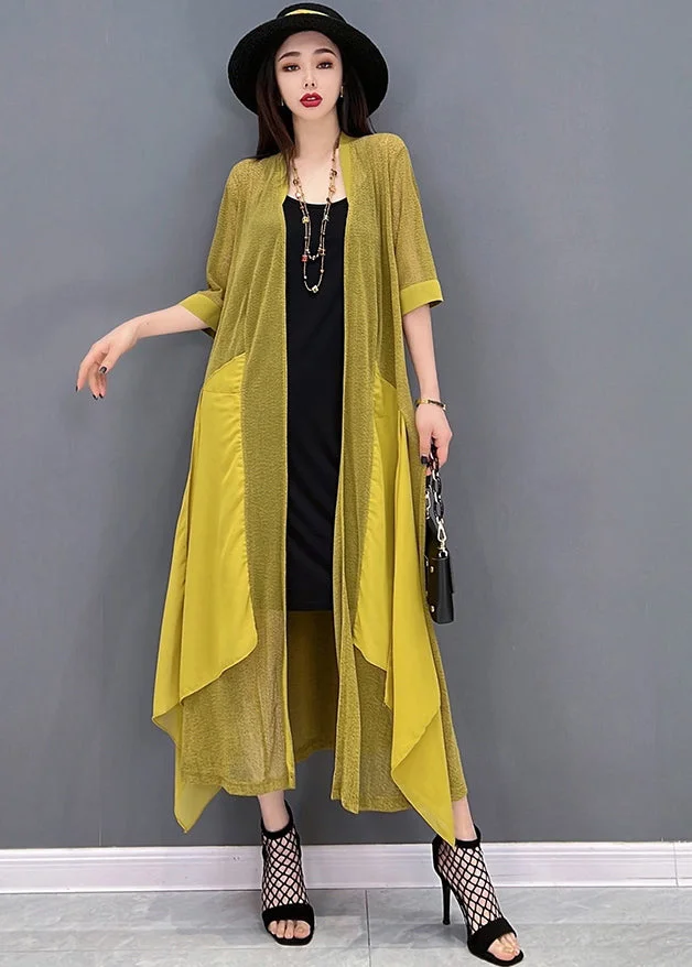Casual Yellow Asymmetrical Design Patchwork Loose Long Cardigans Summer