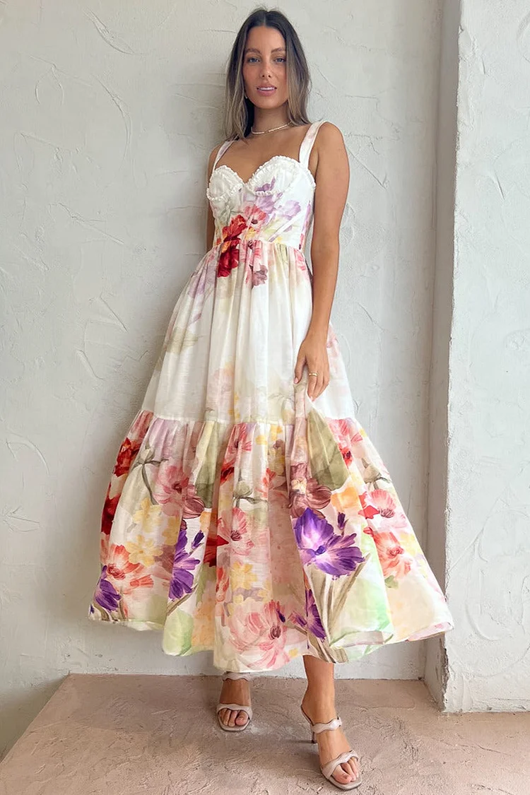 Floral Print Tiered Pleated Irregular Neck Garden Party Midi Dresses [Pre Order]