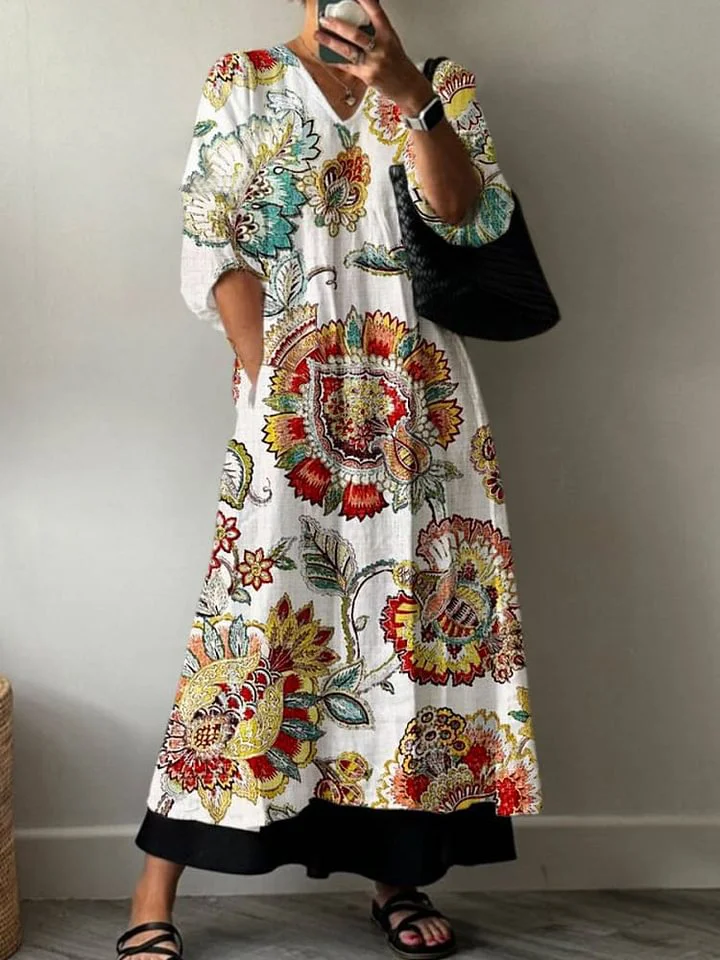 Women's Ethnographic Art Print Pocket V-neck Cotton Dress