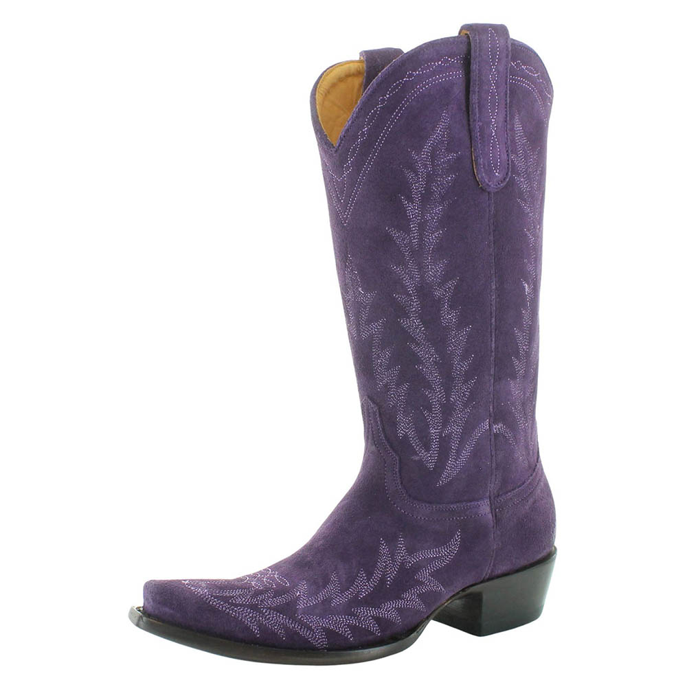 Purple Faux Suede Embroidered Chunky Heel Mid-Calf Cowgirl Boots Nicepairs