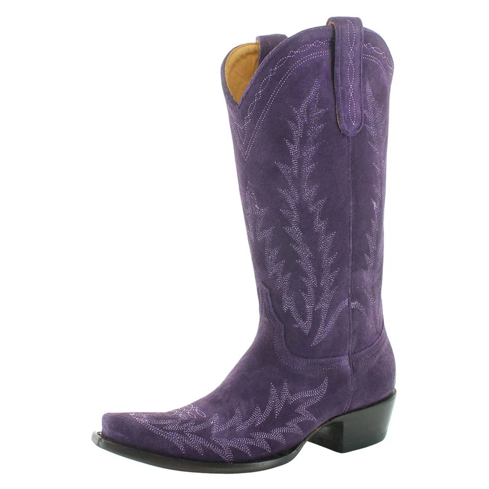 Purple Faux Suede Embroidered Chunky Heel Mid-Calf Cowgirl Boots Nicepairs