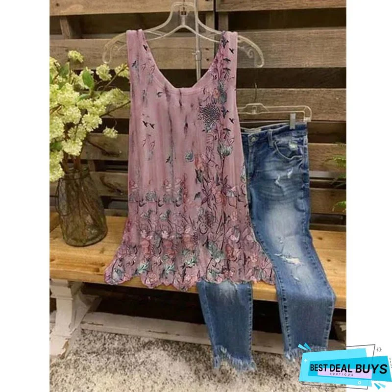 Floral-print V Neck Sleeveless Casual Tunic Top