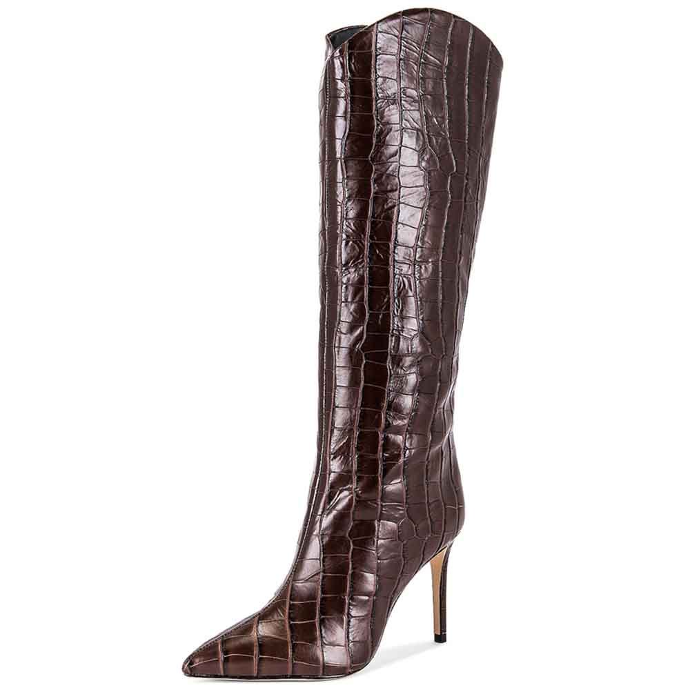 Brown Pointed Toe 3'' Stiletto Heel Wide Calf Knee High Boots Nicepairs