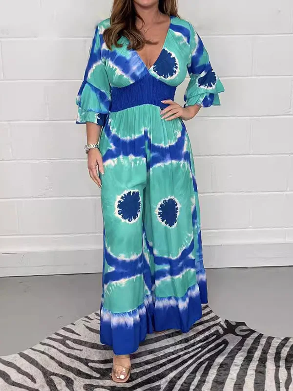 Printed Split-Joint Triple Layered Flared Sleeves Loose V-neck Jumpsuits