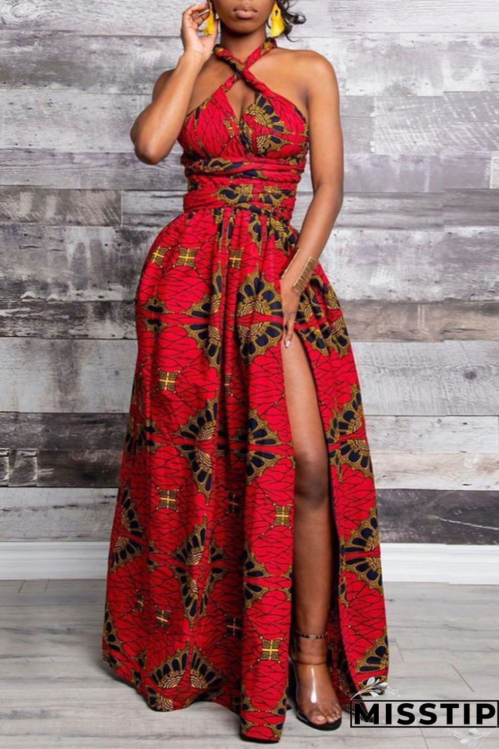 Red Vintage Elegant Print Patchwork Asymmetrical Collar A Line Dresses