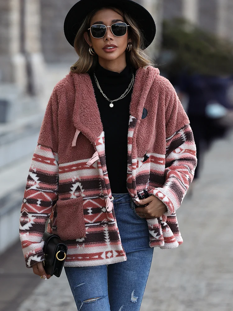 Women's Hooded Coat Long Sleeve Geometric Print Horn Buckle Midi Aztec Jacket
