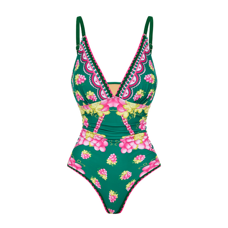 Deep V Retro Green Grapes Print One Piece Swimsuit and Skirt