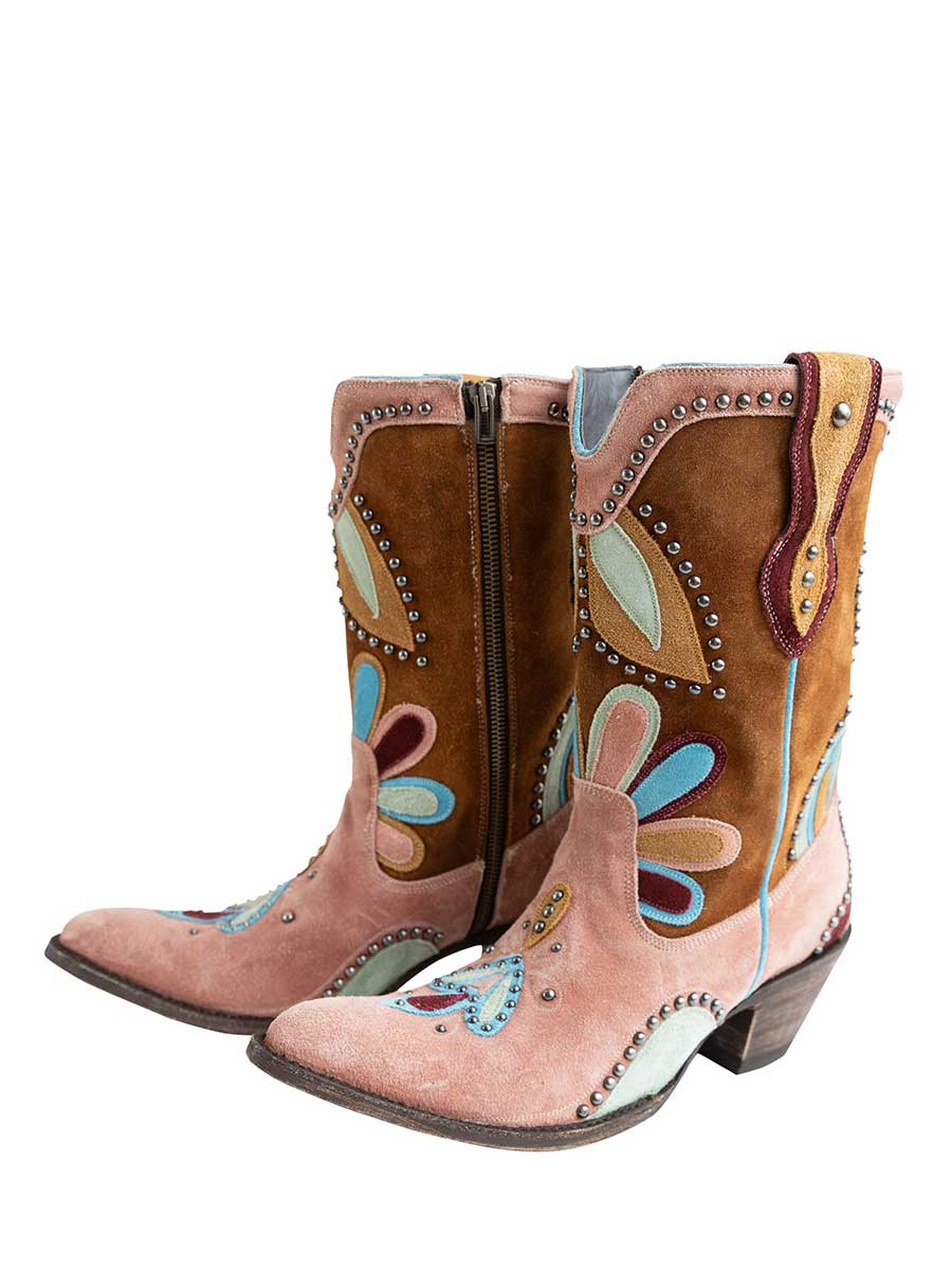 Pink and Brown Pointed Toe Studded Patchwork Mid-Calf Cowgirl Boots