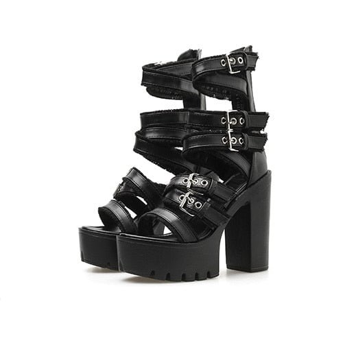 Gdgydh Women Gothic Shoes High Block Heel Hollow Out Sandals Gladiator Clubwear Shoes Platform Fashion Buckle Ankle Strap Drop