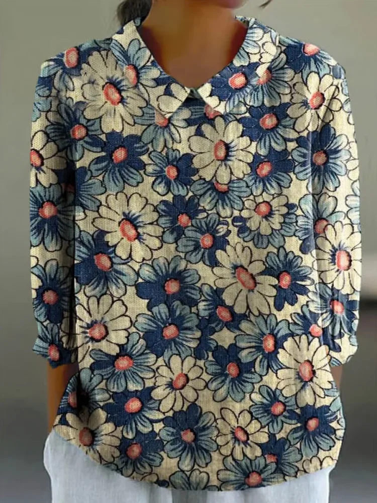 Women's Casual Long Sleeve Cotton And Linen Daisy Shirt