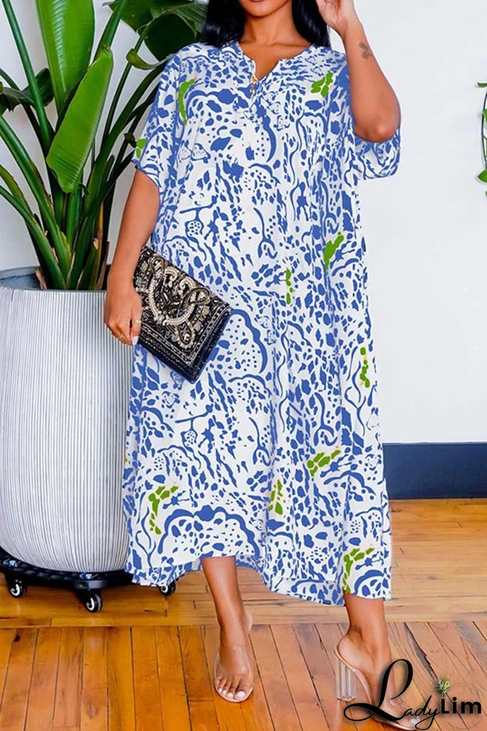 Blue Casual Print Patchwork Dresses