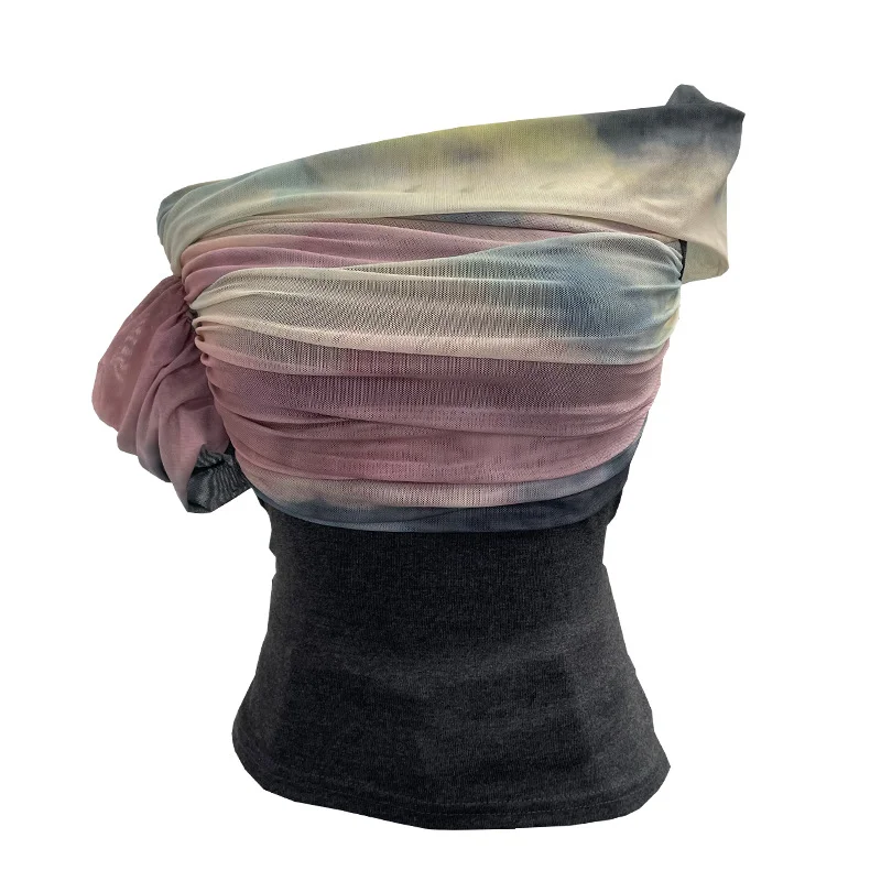 Uveng Real Shooting Can Wear Two-Wear Art Dizzy Net Yarn Spliced A Word Shoulder T-Shirt To Repair The Chest Short Babes Top 1131