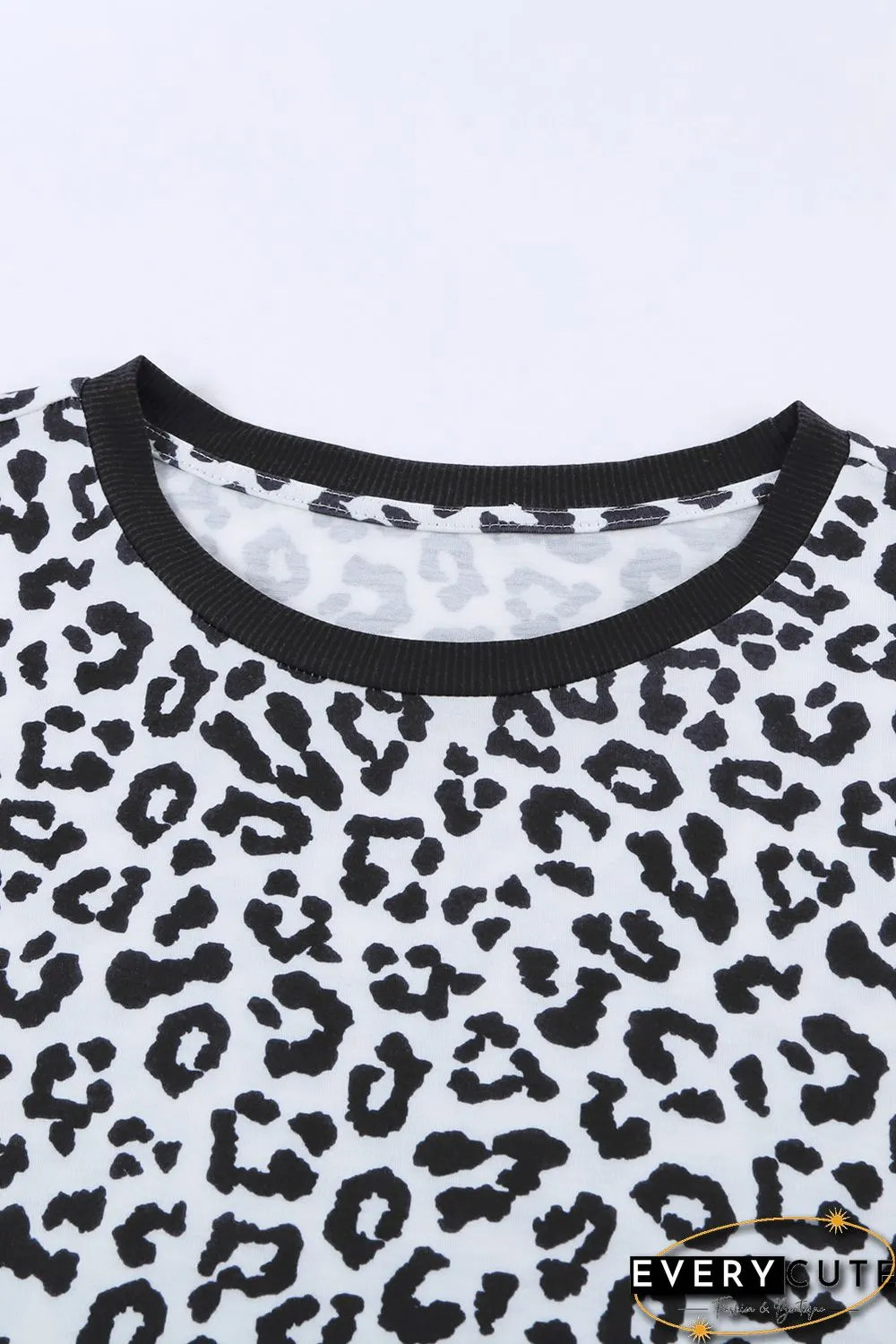 White Crew Neck Leopard Side Split T-shirt