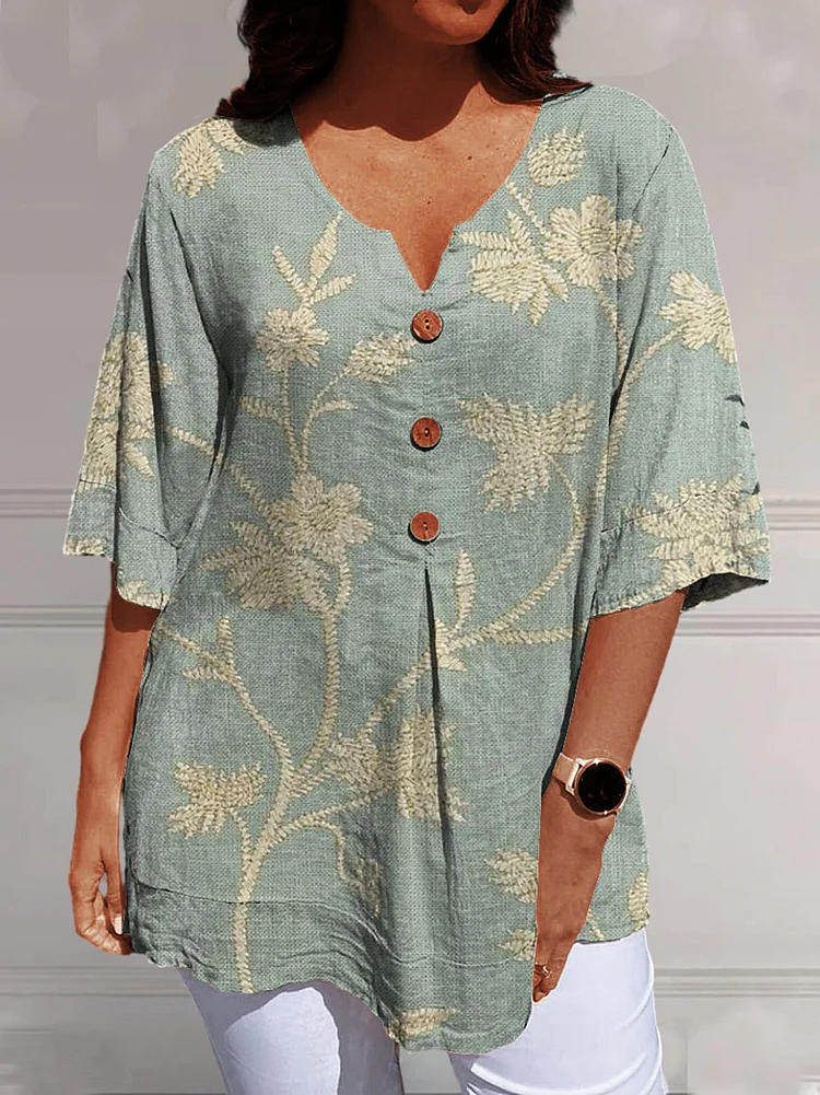 Women's Elegant Retro Floral Art Print Casual Cotton And Linen V-neck Shirt socialshop
