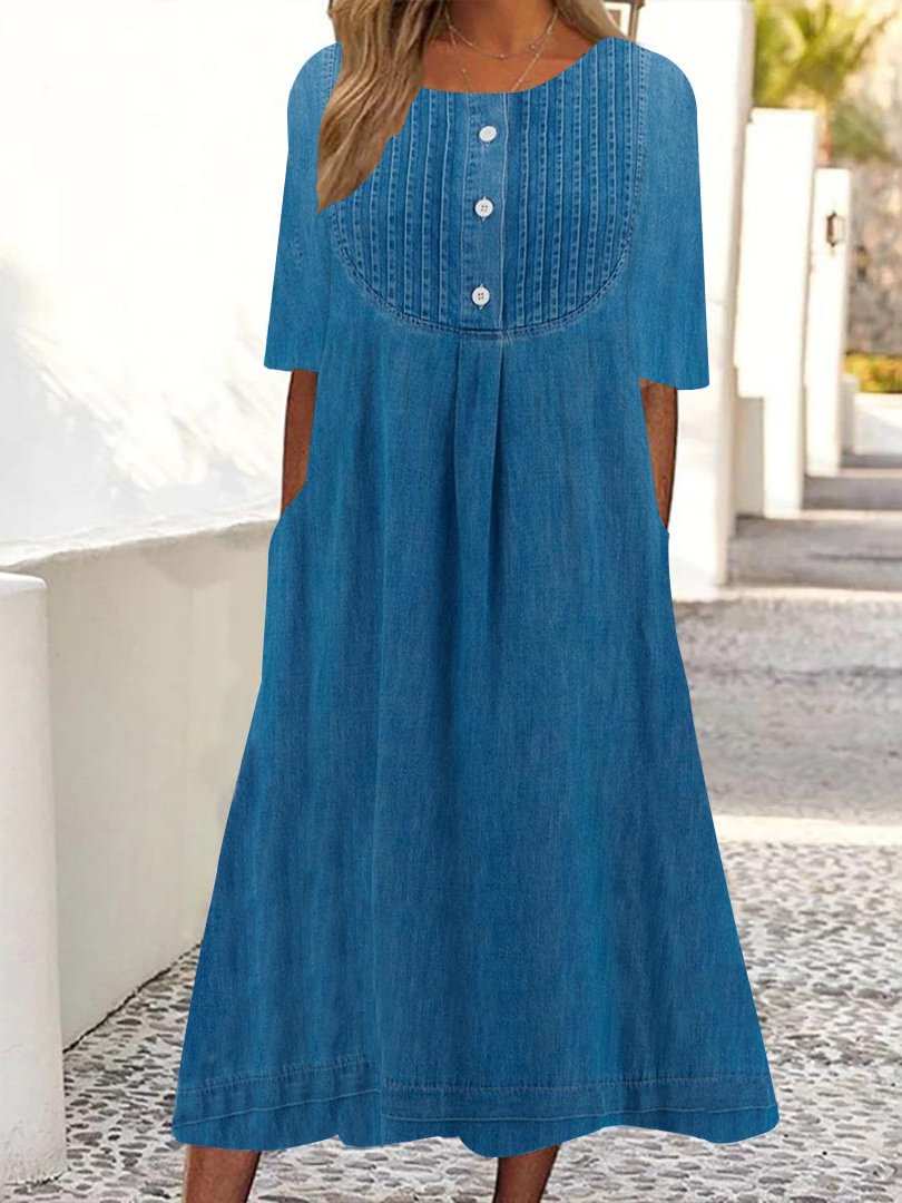 Women Short Sleeve Scoop Neck Solid Button Pockets Midi Dress