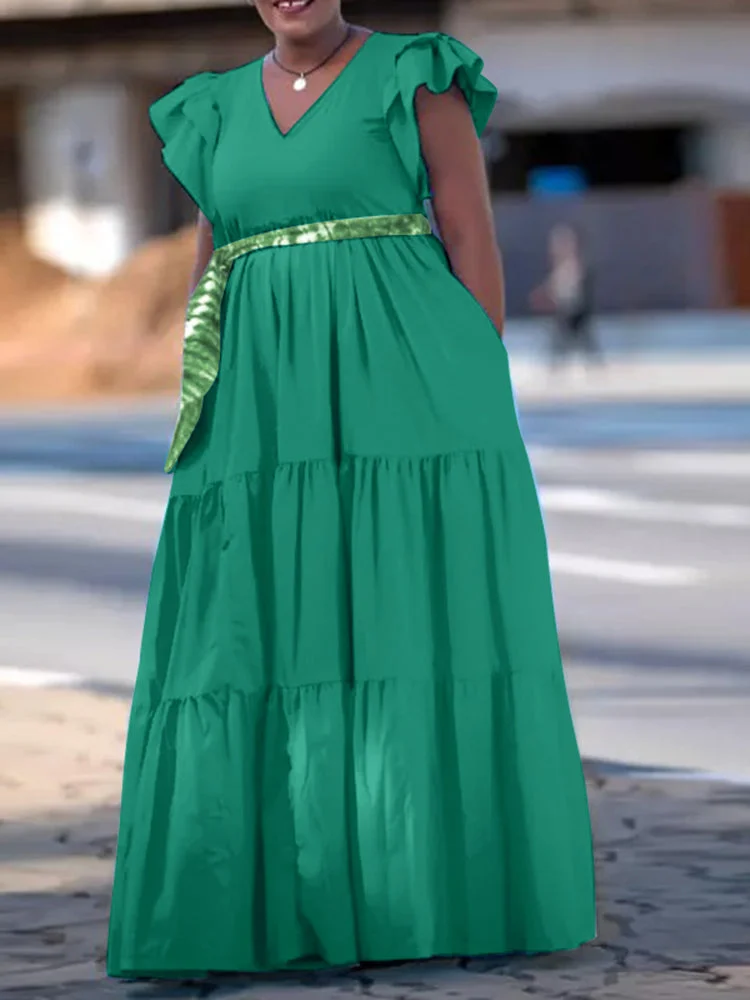 Solid Ruffle Sleeve V-neck Swing Maxi Dress SKUJ38148 QueenFunky