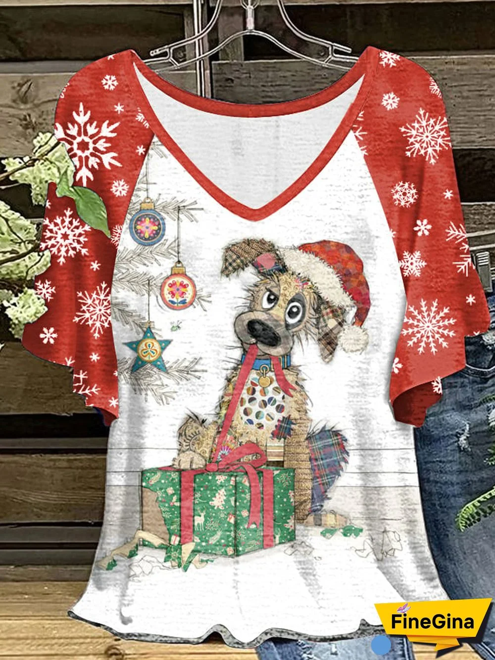 Women's Christmas Cute Dog Snowflake Print V-Neck Ruffle Sleeve T-Shirt