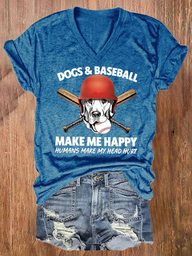 Comstylish Dogs And Baseball Make Me Happy Humans Make My Head Hurt Print V-Neck T-Shirt
