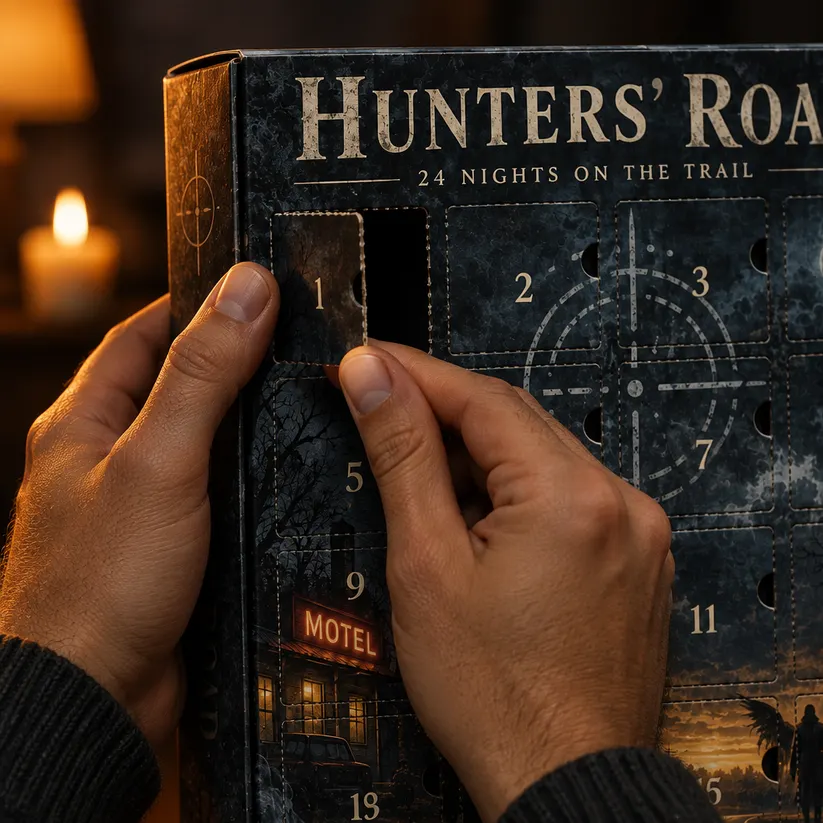 Hands opening the first numbered door of the Hunter's Road calendar