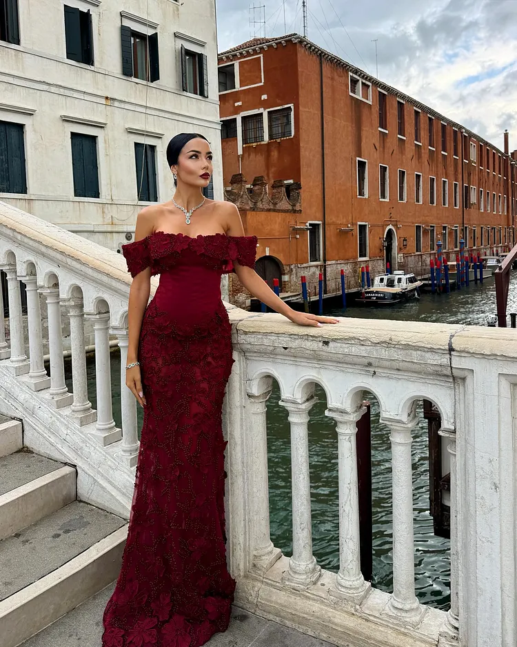 Vintage Burgundy Beaded & Applique Mermaid Off The Shoulder Prom Dress | Lulustina