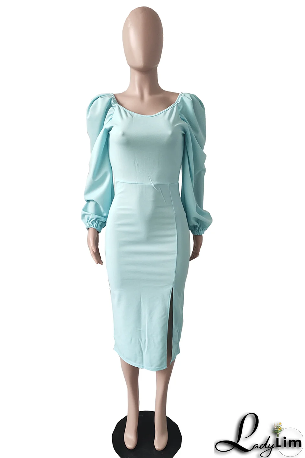 Sky Blue Fashion Solid High Opening Square Collar Pencil Skirt Dresses