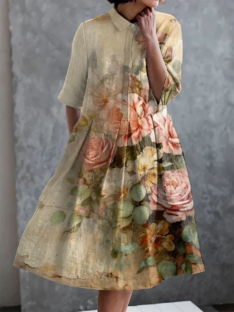 Vintage Floral Print Casual Elegant Pocket Half Sleeve Dress