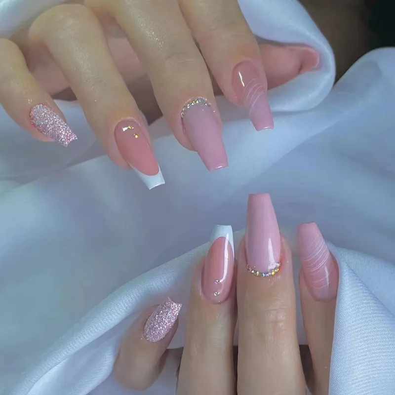 Churchf Churchf Long Pink Lines Simple Pure To Drill Fake Nails Ins Wind Wear A Fashion Beauty A Piece