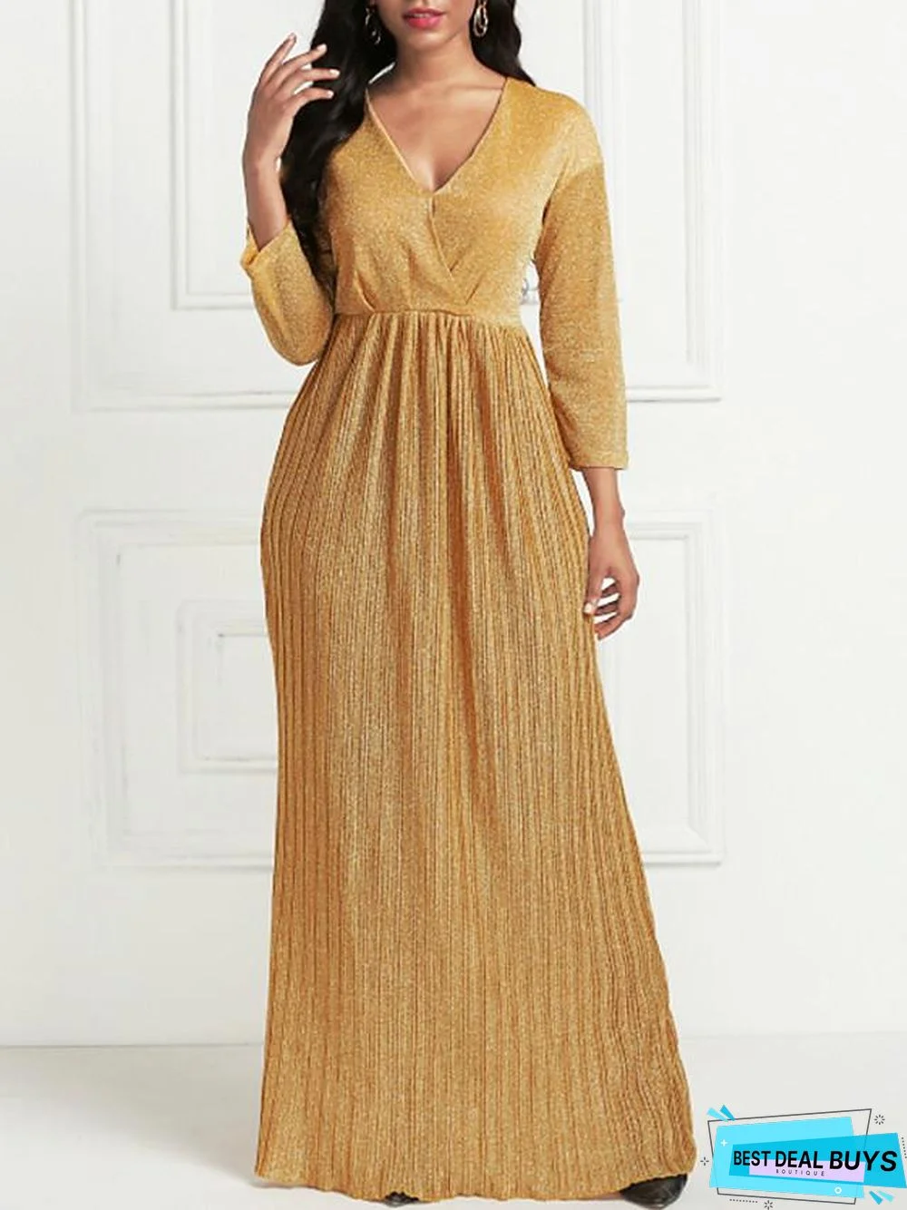 Women's Maxi Long Dress 3/4 Length Sleeve Pleated Summer Hot Formal Gold