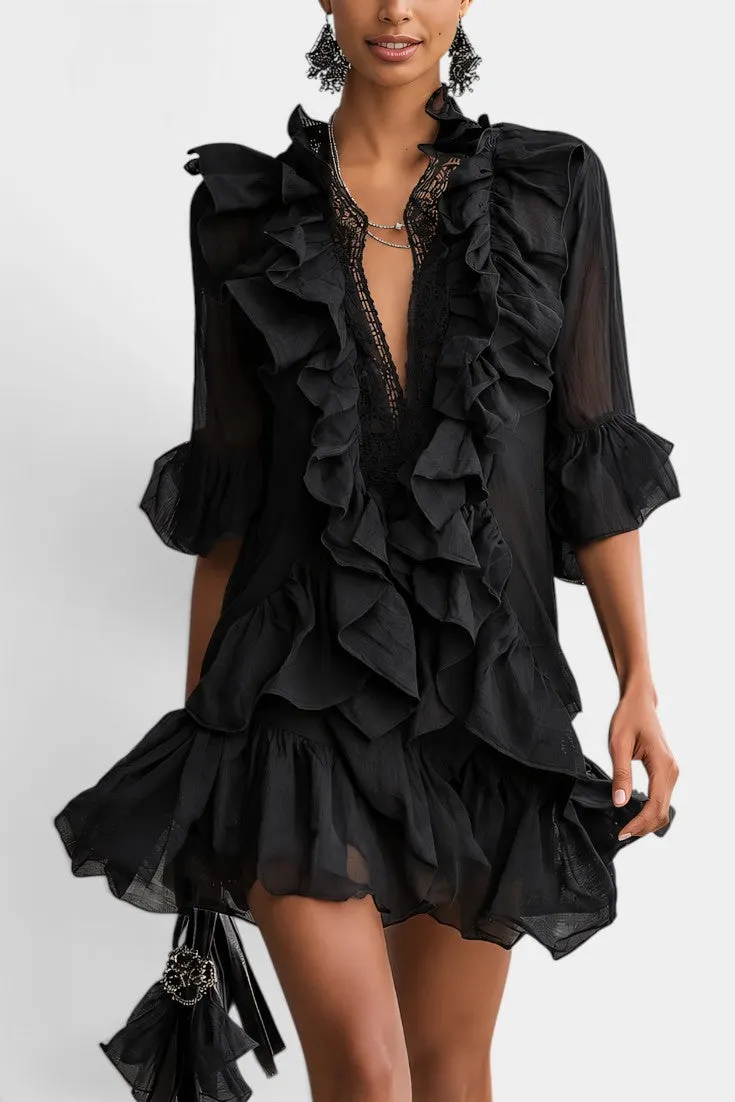 Layered Ruffle Mini Dress with Deep V-Neck