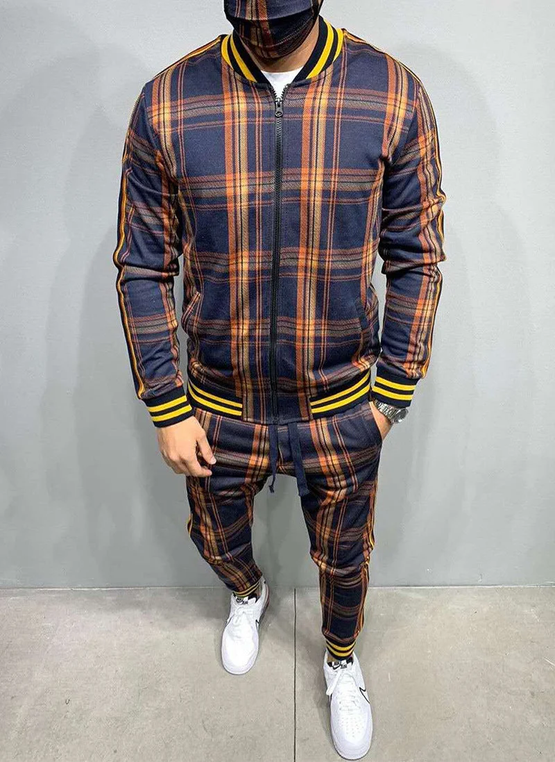 Men's Plaid Cardigan Jacket Trousers Sports Suit