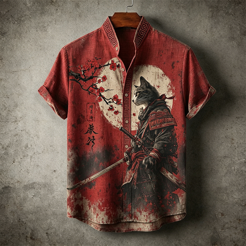 Men's Japanese Bloody Cat Samurai Plum Blossom Linen Shirt elevenforest