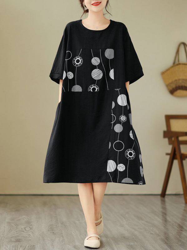 Geometric Pattern Round Neck Short Sleeve Loose Midi Dress