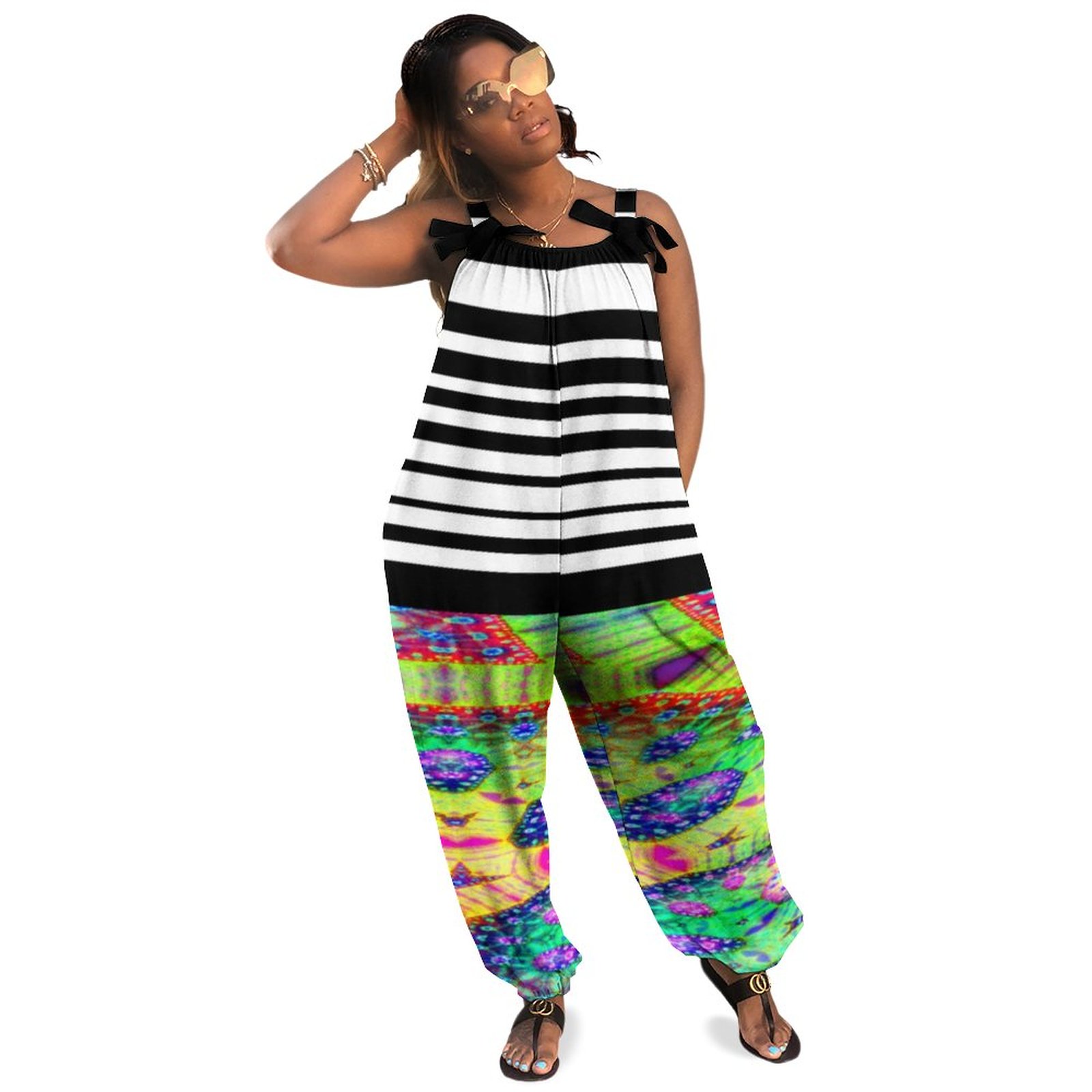 Fractal Strips Plus Size Women Rompers Summer Casual Loose Puff Sleeve Playsuit Active Jumpsuit Boho Natural Waist Polyester Spandex
