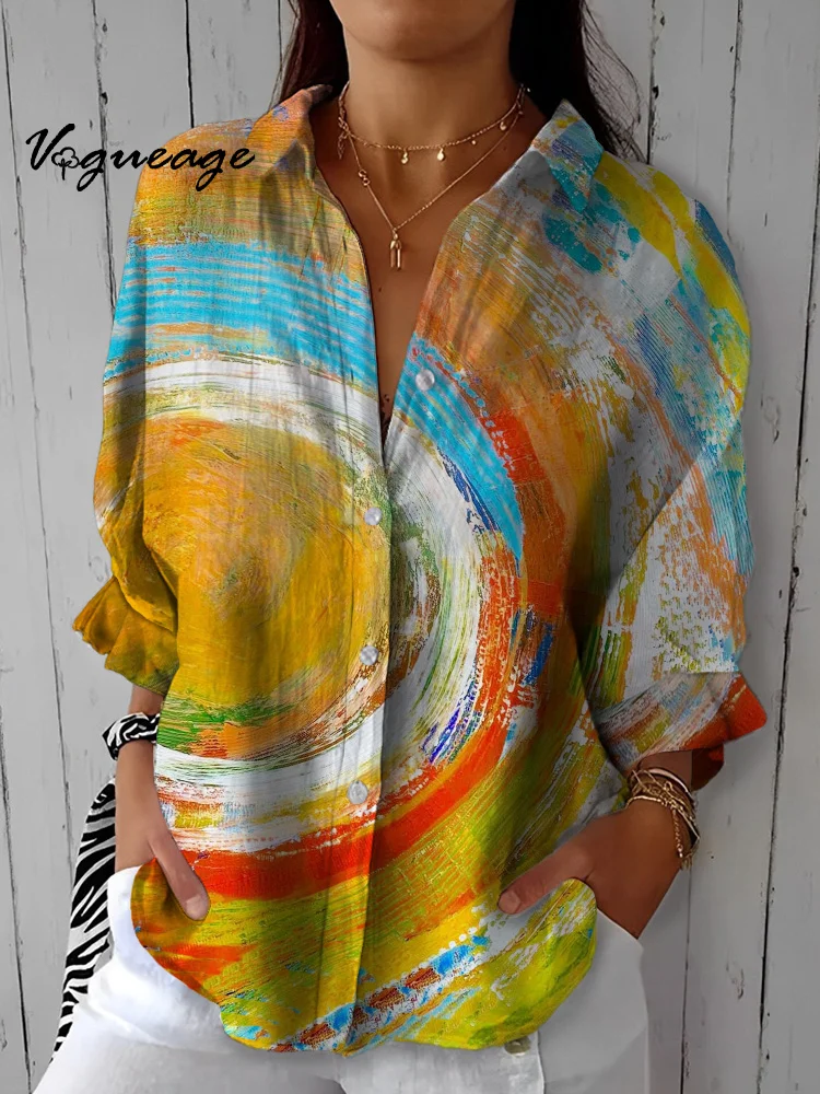 Gentle And Bright Circular Color Strip Splicing Printed Cotton And Linen Shirt