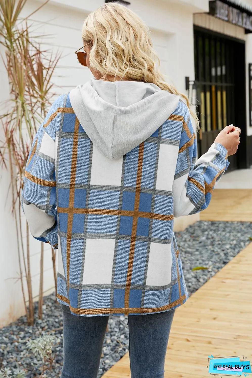 Drawstring Hooded Plaid Shacket Coat With Pocket