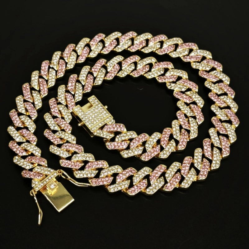 Qianshimei New 14mm Encryption Color Half Blue Half Pink Dragon Beard Buckle Flip Rhombus Cuban Chain Hip Hop Necklace