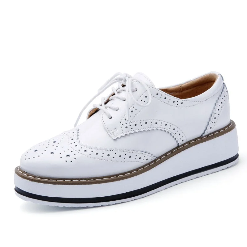 Genuine Leather Shoes Women Flats Oxford Lace Up Striped Platform White Black Fashion Vintage Platform Brogue Shoes Woman