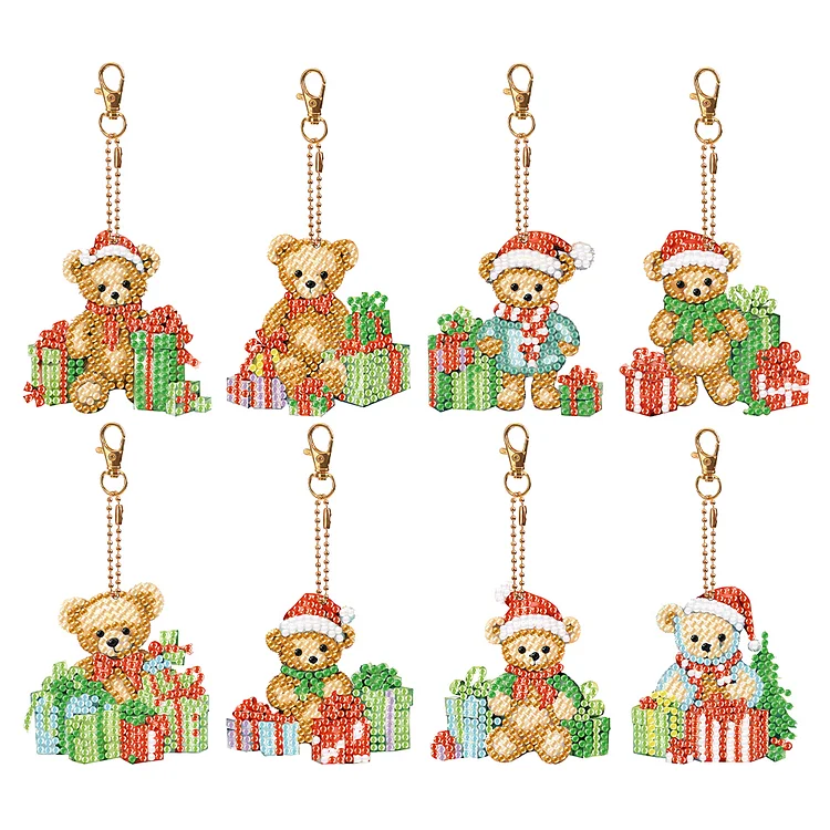 8PCS Double Sided Full Drill Keyring Special Shape Diamond Art Keyring Xmas Bear gbfke