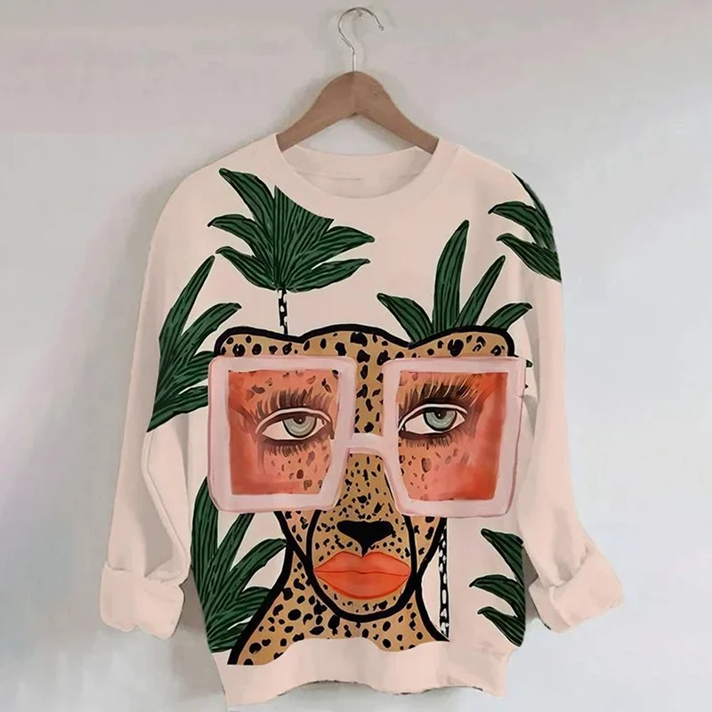 Fashion Glasses Cheetah Print Long Sleeve Sweatshirt