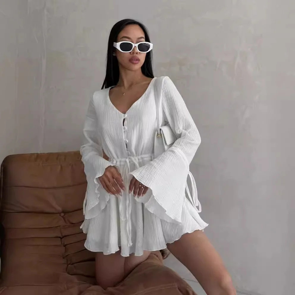 Nigikala Nigikala 2025 New Rope Horn Sleeve V-Necked T-Shirt With Commuting Long-Sleeved Jumpsuit