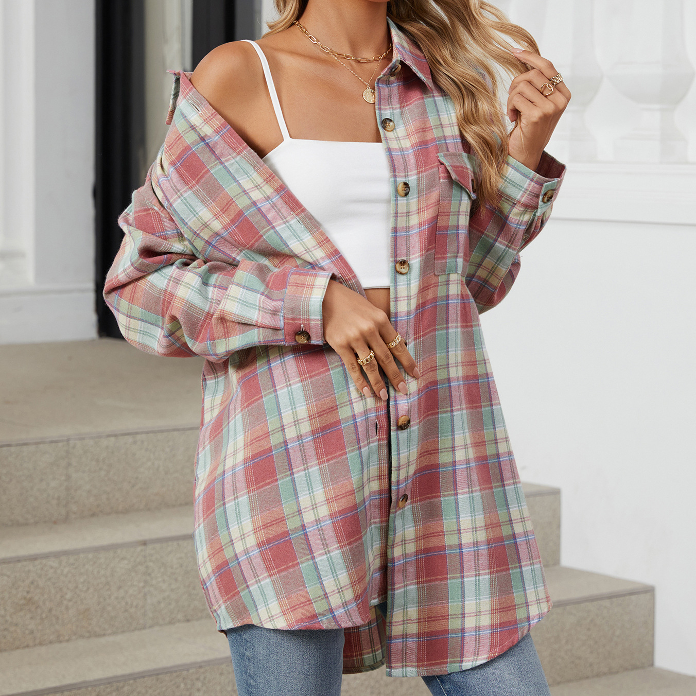Skillofyz Loose Pocket Patchwork Single Breasted Cardigan Shirt For Women 2025 Autumn/winter Checkered Shirt Brushed Long Sleeved Blouses