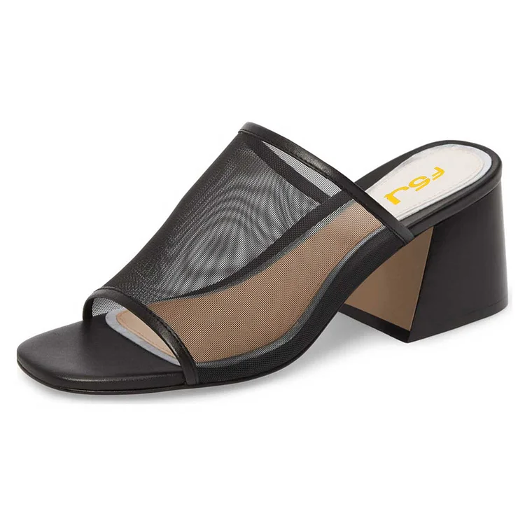 Black Mesh Open Toe Mules Block Heel Sandals |FSJ Shoes