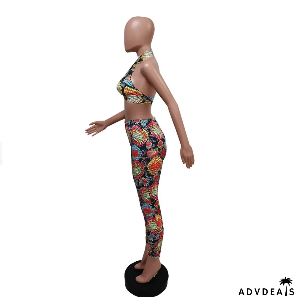 Ladies' Fashion Print Halter Neck Low Back Career Sexy Two-Piece Suit