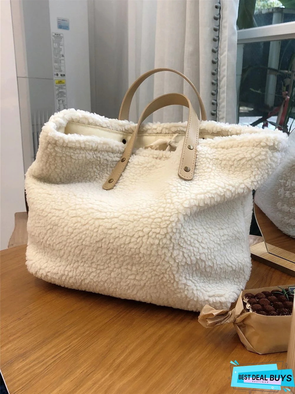 Pure Color Lambswool Large Capacity Handbag