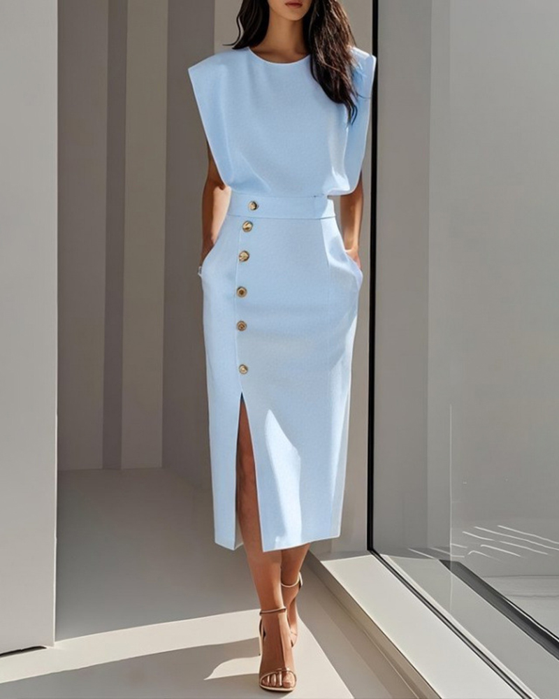 Side Split Button Detail Sleeveless Midi Dress