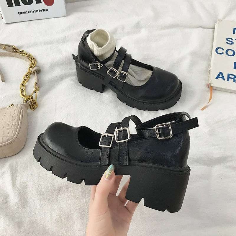 Back To School Women's Shoes Japanese Style Lolita Woman Vintage Soft High Heel Platform Leather College Student Mary Jane Girl Round Toe Black